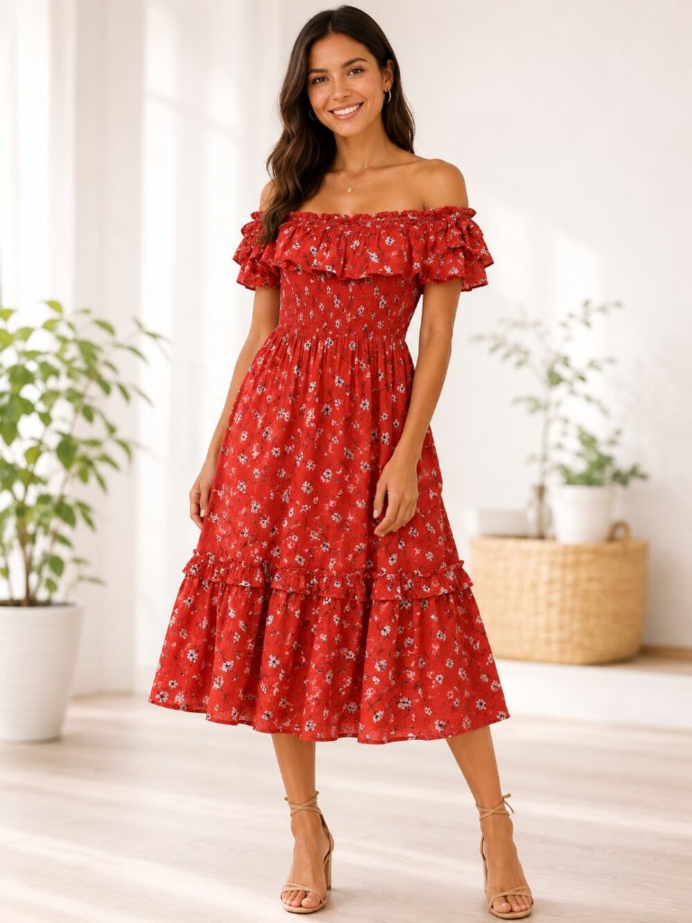 All In Favor Off Shoulder Dress Large Red Floral Smocked Elastic Boho Midi